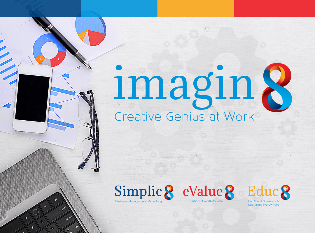 Imagin8 logo identity mockup showing the colourful number 8 mark and wordmark applied to printed brand materials.