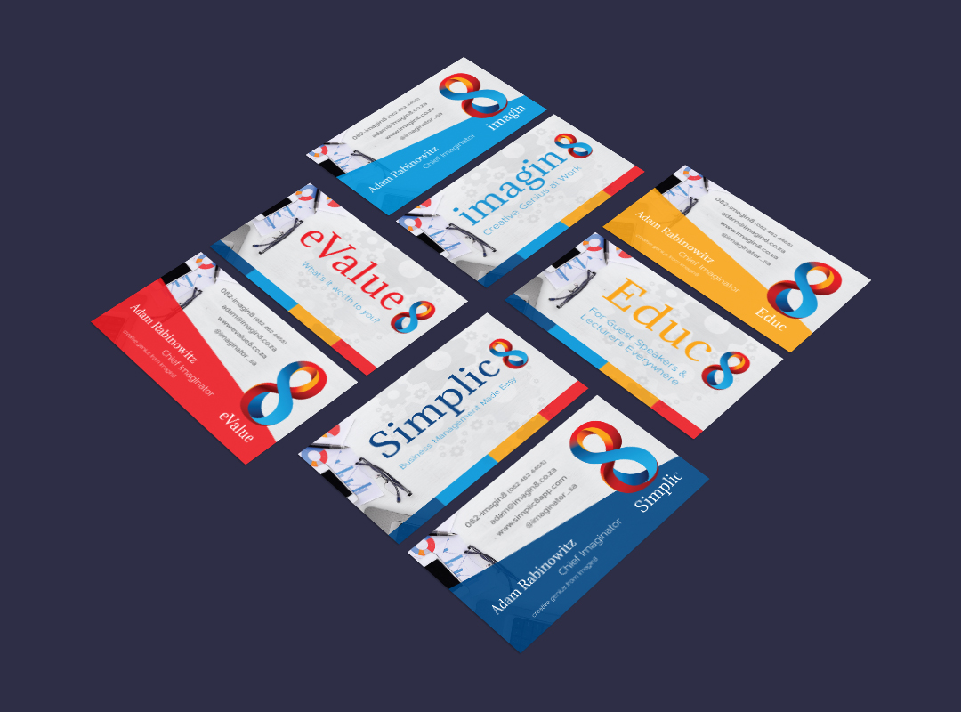 Imagin8 logo identity mockup showing the colourful number 8 mark and wordmark applied to printed brand materials.