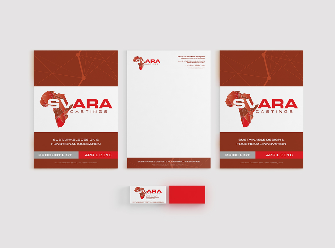 Svara Castings collateral mockup showing technical catalogue pages with product images, specification tables and red, blue and green accents.