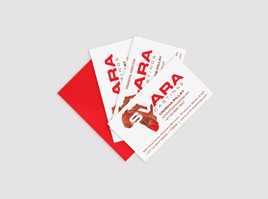 Svara Castings collateral mockup showing technical catalogue pages with product images, specification tables and red, blue and green accents.
