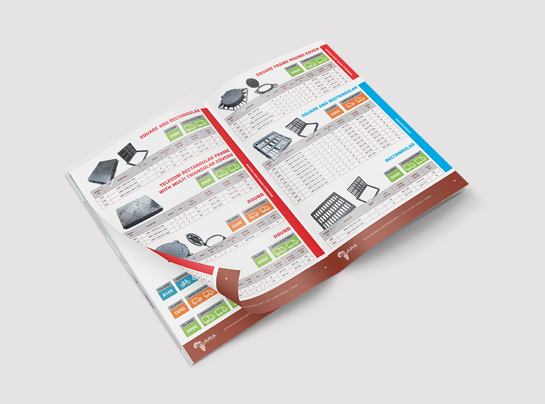 Svara Castings collateral mockup showing technical catalogue pages with product images, specification tables and red, blue and green accents.