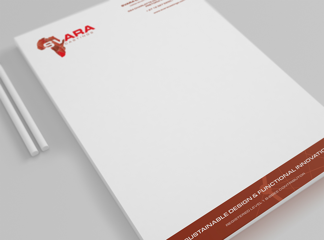 Svara Castings collateral mockup showing technical catalogue pages with product images, specification tables and red, blue and green accents.