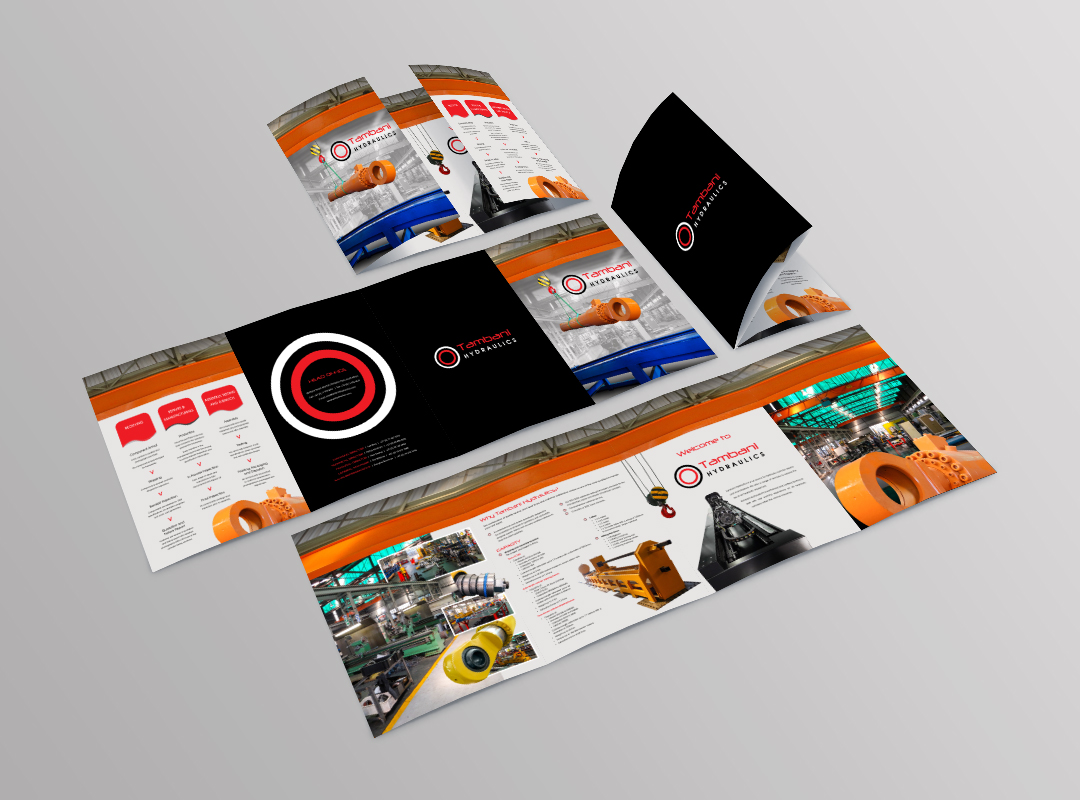 Tambani Hydraulics collateral mockup showing industrial brochure pages with machinery imagery, technical information and orange, red and black graphic elements.