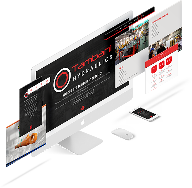 Tambani Hydraulics Website Mockup displayed as a responsive website mockup across angled screens, showing branded imagery, navigation and page content.