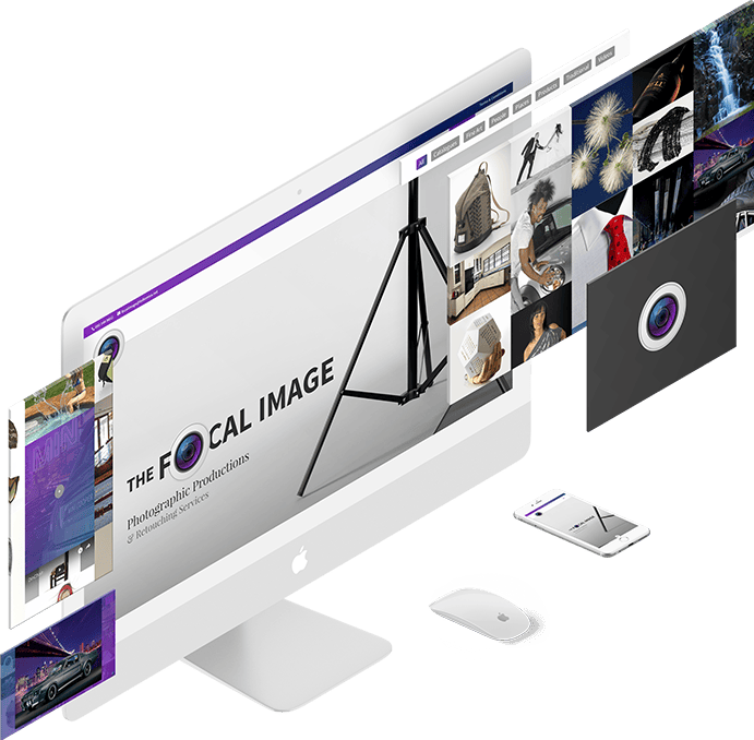 The Focal Image Website Mockup displayed as a responsive website mockup across angled screens, showing branded imagery, navigation and page content.