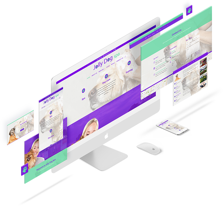Jolly Dog Website Mockup displayed as a responsive website mockup across angled screens, showing branded imagery, navigation and page content.