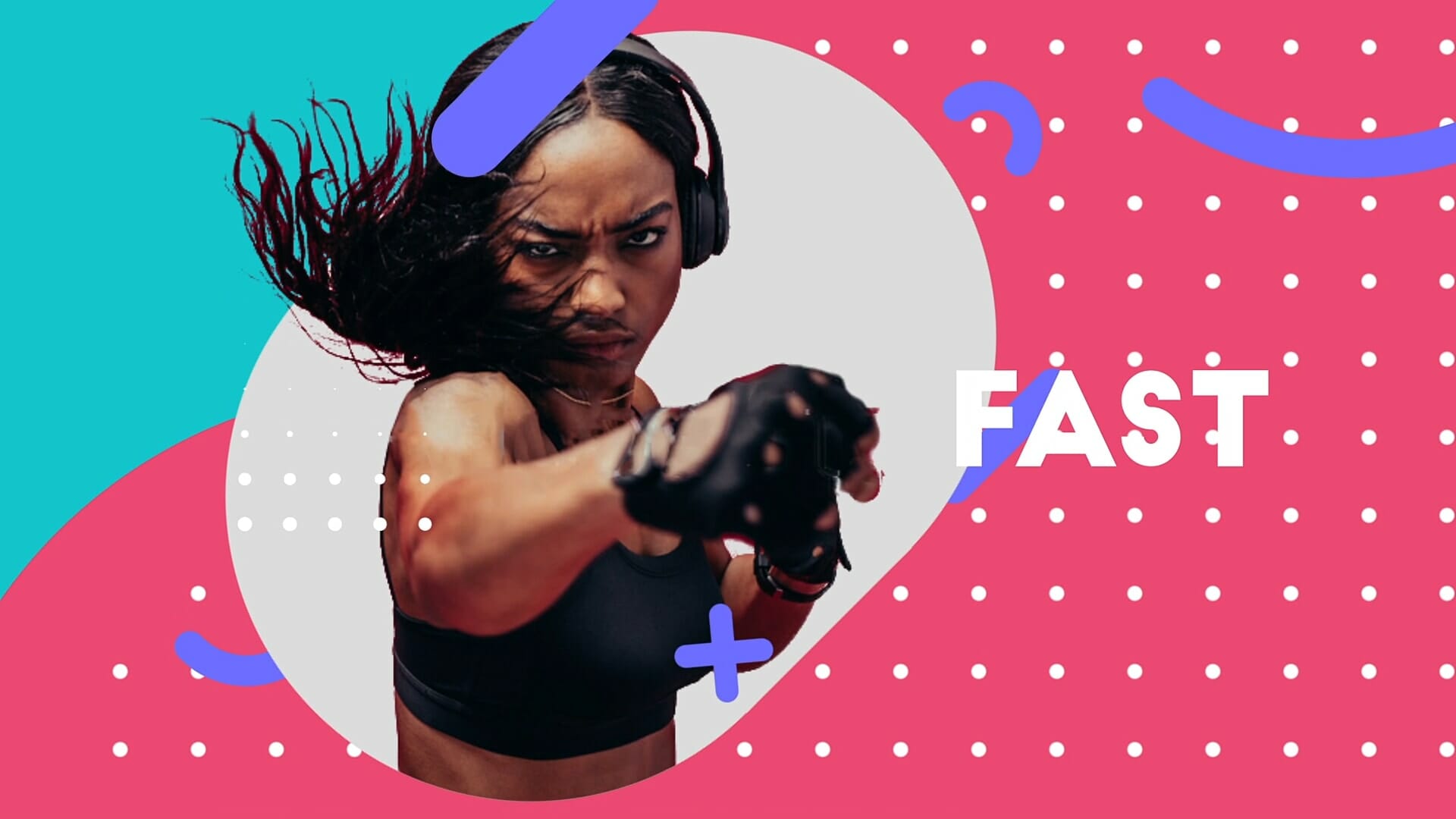 A woman with braided hair is boxing, wearing a sports bra and gloves, set against a vibrant background with teal and pink sections. The word "FAST" appears in bold white letters next to her. The design includes polka dots, abstract shapes, and dynamic lines, emphasizing motion and energy.
