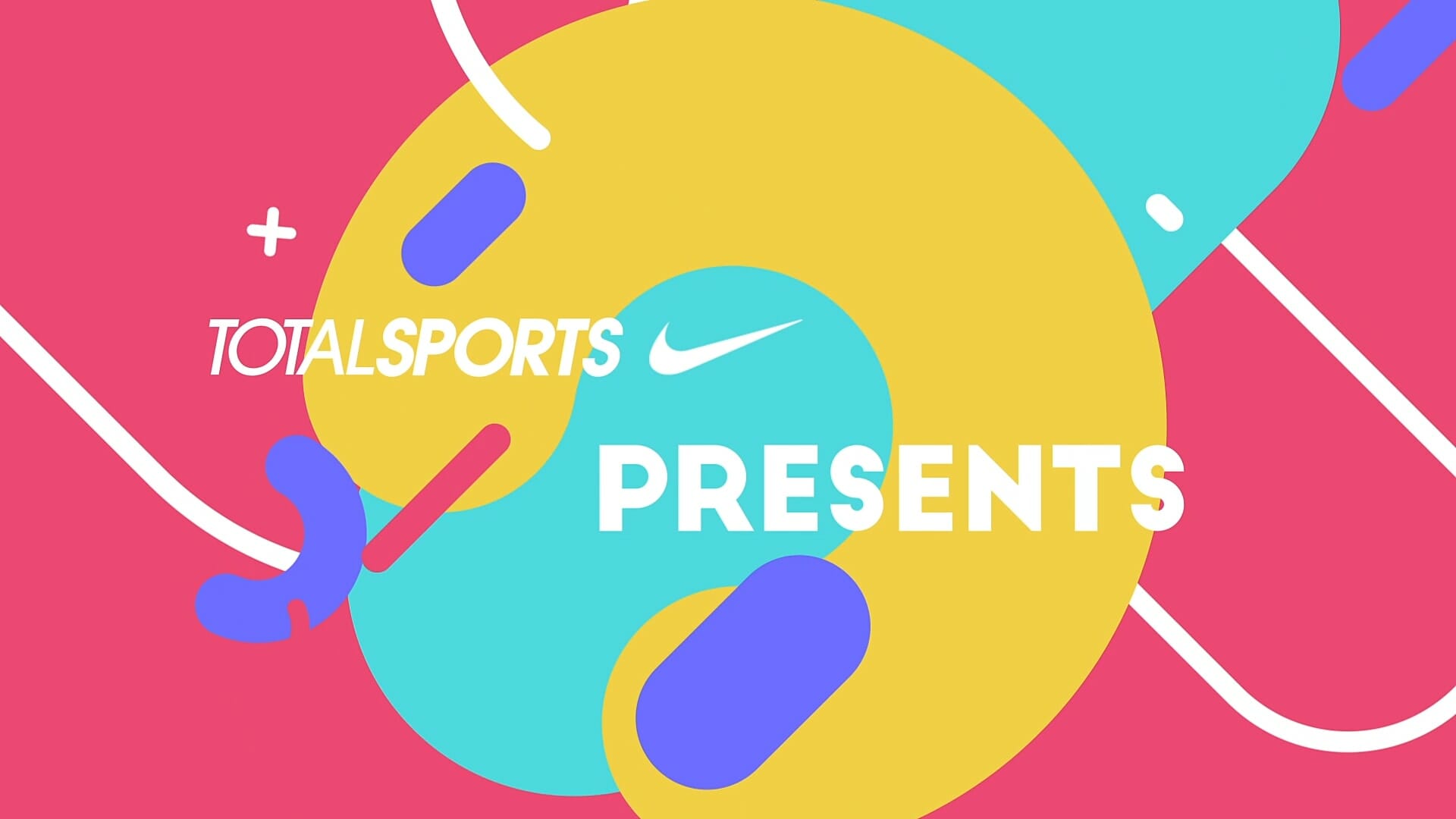 A vibrant graphic with a pink, teal, and yellow abstract background features the text "TOTALSPORTS" on the left and "PRESENTS" on the right. A small Nike logo is situated between the words. Various rounded shapes in blue, pink, and white decorate the design.