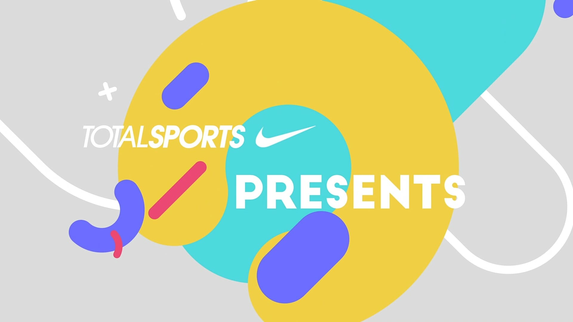 A graphic with a colorful abstract design featuring a large yellow and teal swirl with purple and red accents. The text "TOTALSPORTS" in white is on the left side of the swirl, with the Nike logo beside it. The word "PRESENTS" is prominently displayed in white across the swirl.