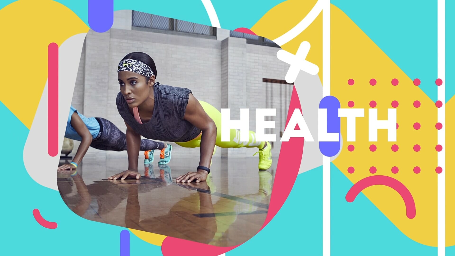 A woman in activewear holds a plank position on a gym floor, focused and determined. The colorful background is bright and abstract with geometric shapes. The word "HEALTH" is prominently displayed in bold white letters. Another person is visible in a similar pose beside her.