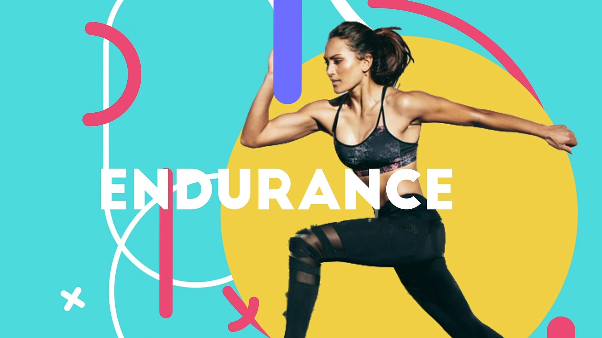 A woman in athletic wear sprints forward, captured mid-stride against a vibrant background featuring abstract shapes in pink, blue, and yellow. The word "ENDURANCE" is boldly overlaid in white capital letters, emphasizing the theme of stamina and strength.
