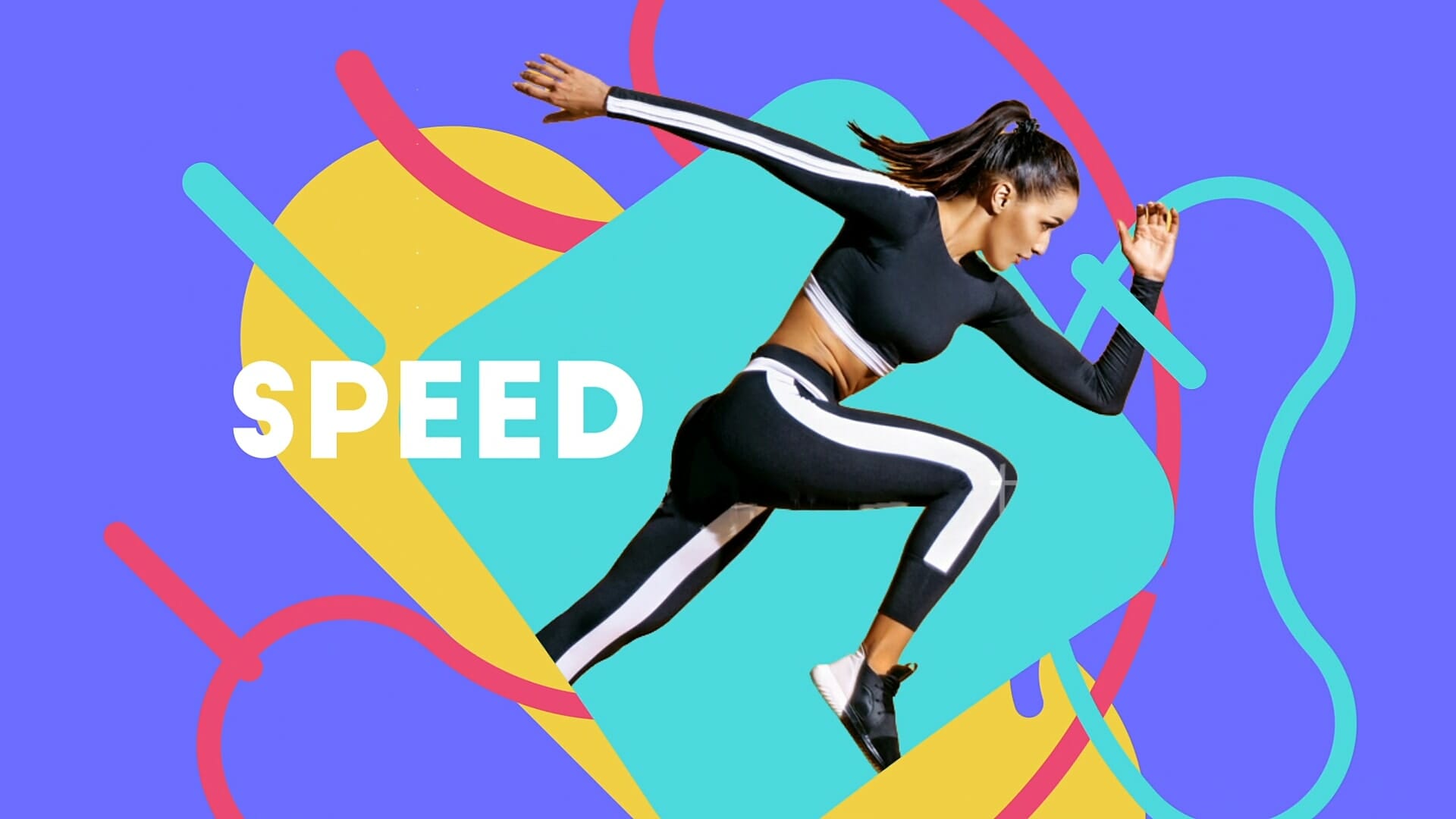 A woman in athletic wear is shown mid-jump against a colorful abstract background. The word "SPEED" appears in bold white letters to the left. The background features shapes in yellow, turquoise, and blue with red and pink accents, adding a dynamic and energetic feel to the image.