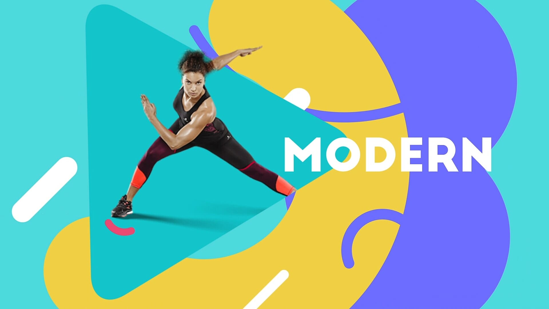 An athletic woman lunges energetically within a transparent triangle. She stands against a vibrant background with abstract shapes in blue, yellow, and white. The word "MODERN" is prominently displayed in white, blending seamlessly with the dynamic, colorful design.