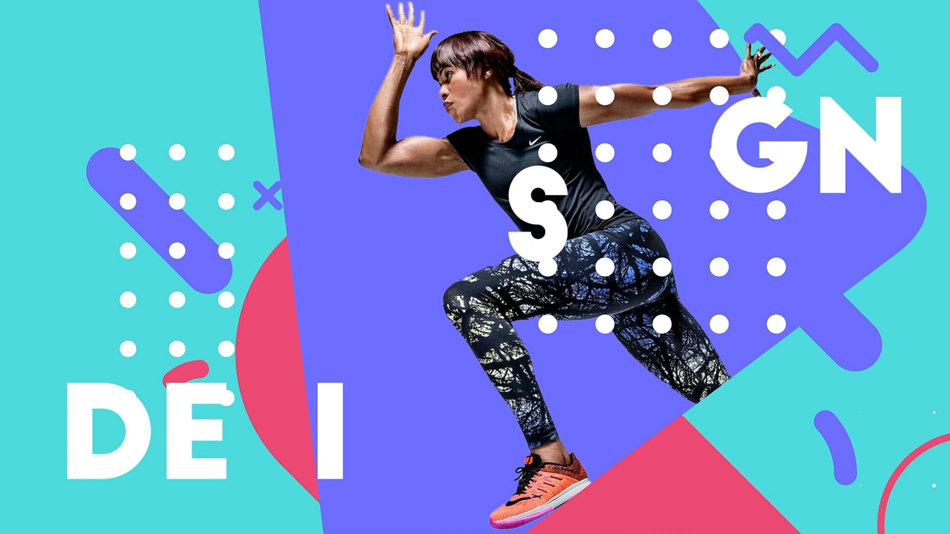 A woman with short hair, wearing a black top, patterned leggings, and orange sneakers, is in a running pose against a vibrant background of purple, teal, and pink shapes. The letters "D E S I G N" are scattered across the image, partially obscured by white dots and various geometric patterns.