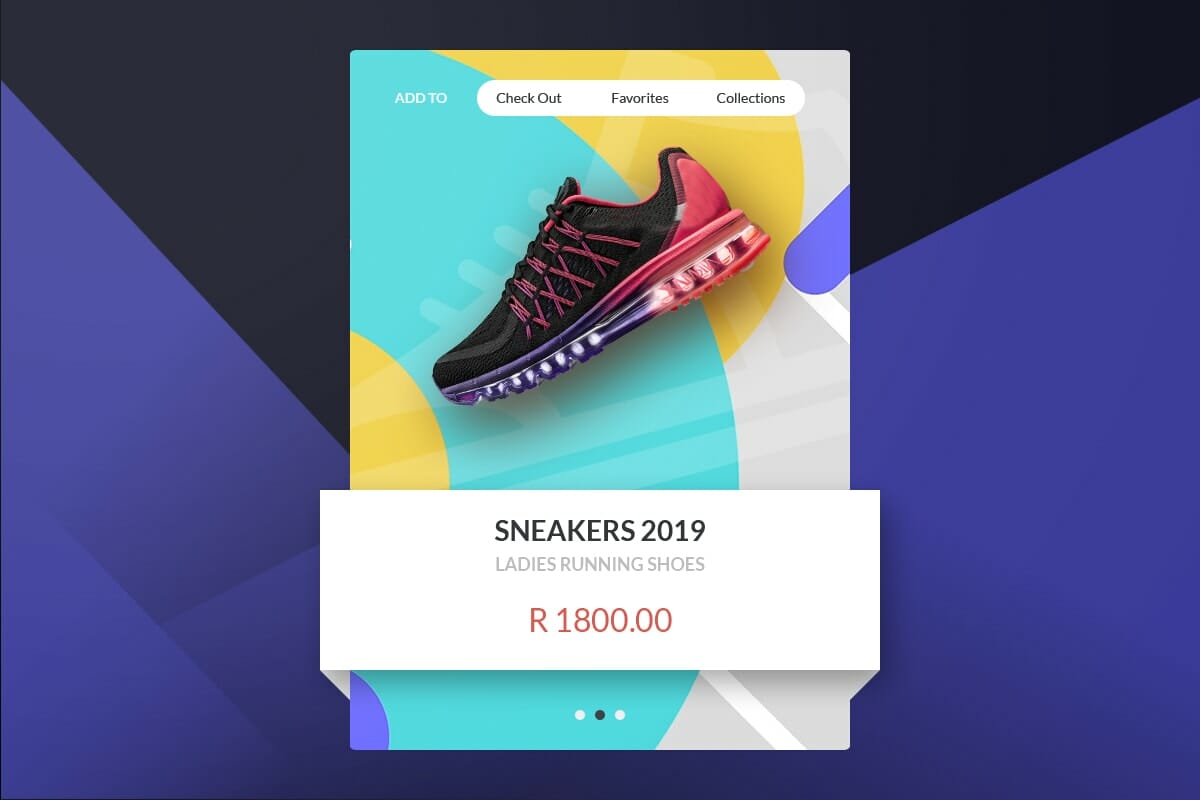 A promotional graphic depicting a modern sneaker with pink and purple accents on a vibrant, abstract background. Text below the shoe reads "SNEAKERS 2019, LADIES RUNNING SHOES." The price, displayed prominently, is "R 1800.00." Menu options at the top include "Add To," "Check Out," "Favorites," and "Collections.