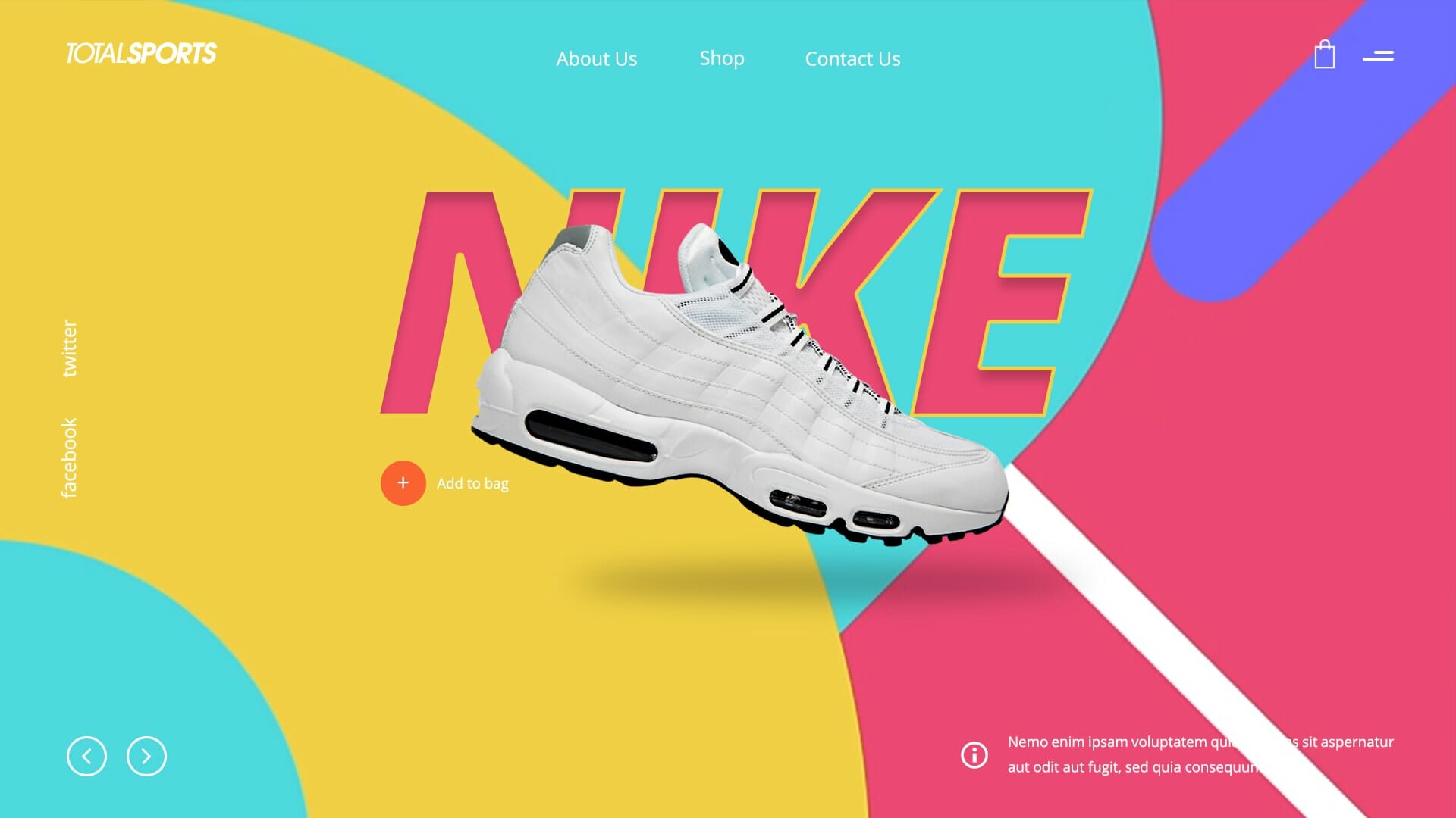 A colorful webpage advertises a white Nike sneaker. The background features vibrant geometric shapes in yellow, pink, red, and turquoise. "NIKE" is prominently displayed behind the sneaker. Navigation links like About Us, Shop, and Contact Us are at the top. Social media links are on the left.
