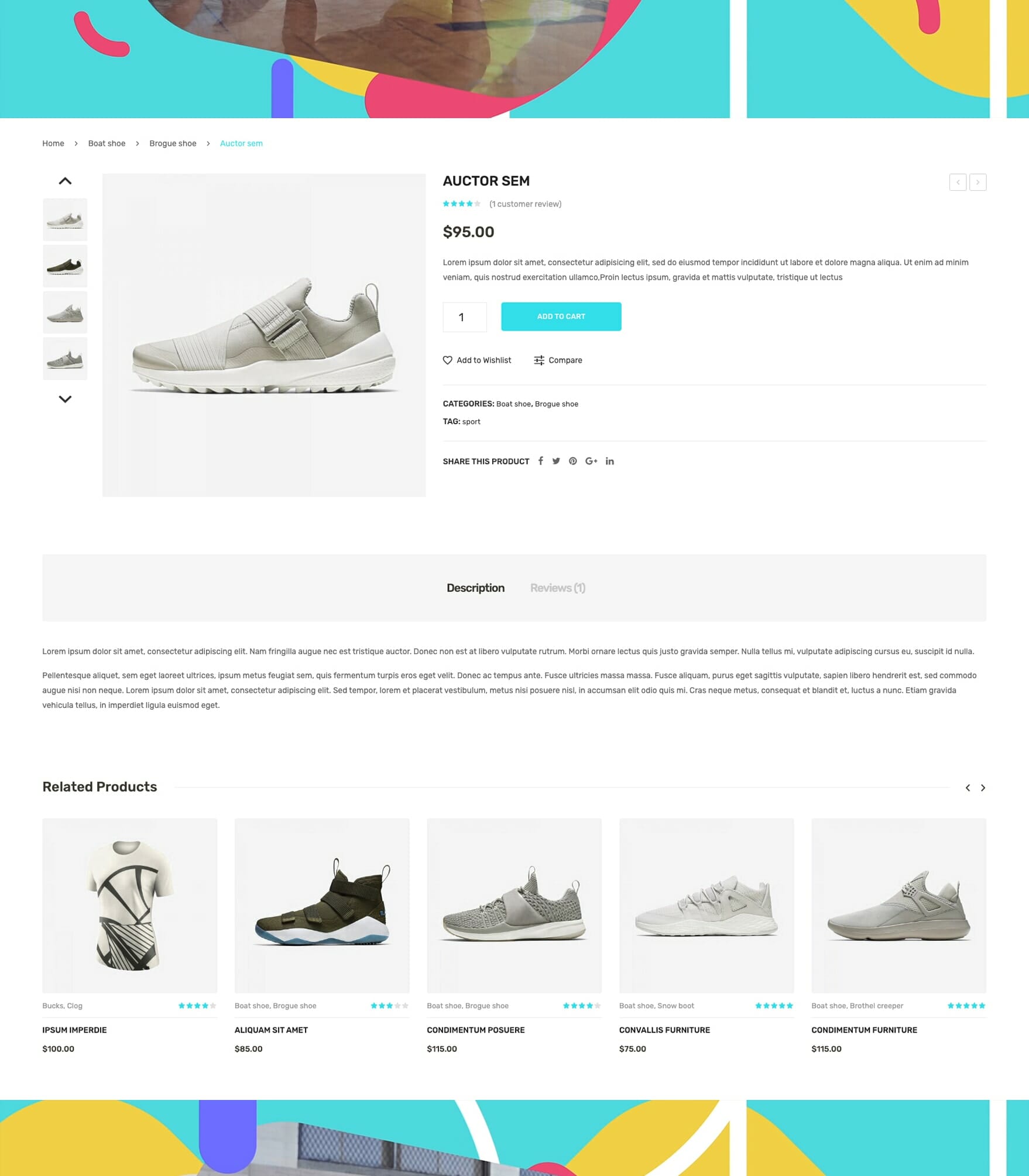 A product page for "Auctor Sem" footwear priced at $95.00. The page features an image of gray slip-on shoes to the left with multiple views. To the right are product details, an "Add to Cart" button, and sharing options. Below are a description, reviews tab, and related products featuring other shoes.