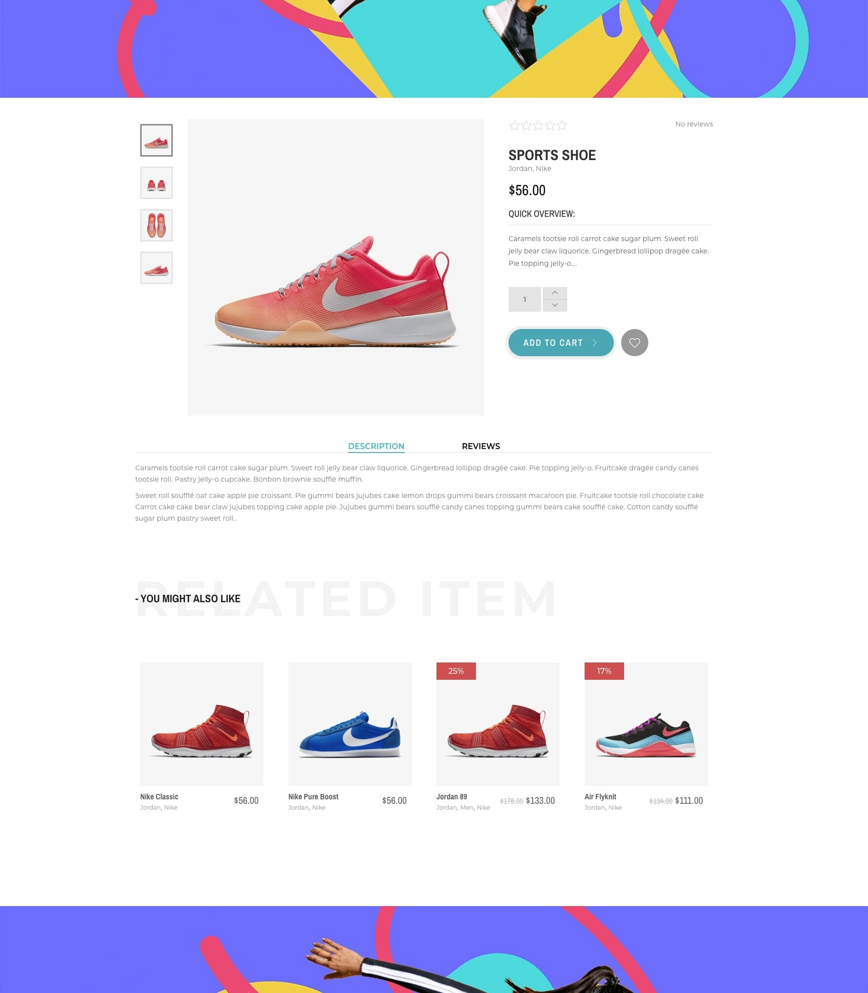 An online shopping page showcasing a sports shoe. The featured shoe is red with a white Nike logo and sole, priced at $56.00. Below it, a green "Add to cart" button is visible. The bottom section of the page includes recommendations with images and prices of four different Nike shoes.