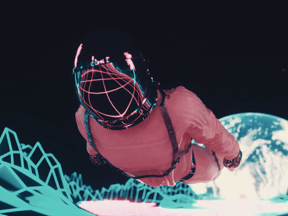 A person in a red jacket and helmet with a wireframe design flying above a digital representation of earth with neon outlines in the Astral Demigod video.