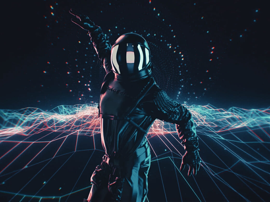 Astronaut in a neon space with grid lines and particles, reaching out towards an unseen object or concept.