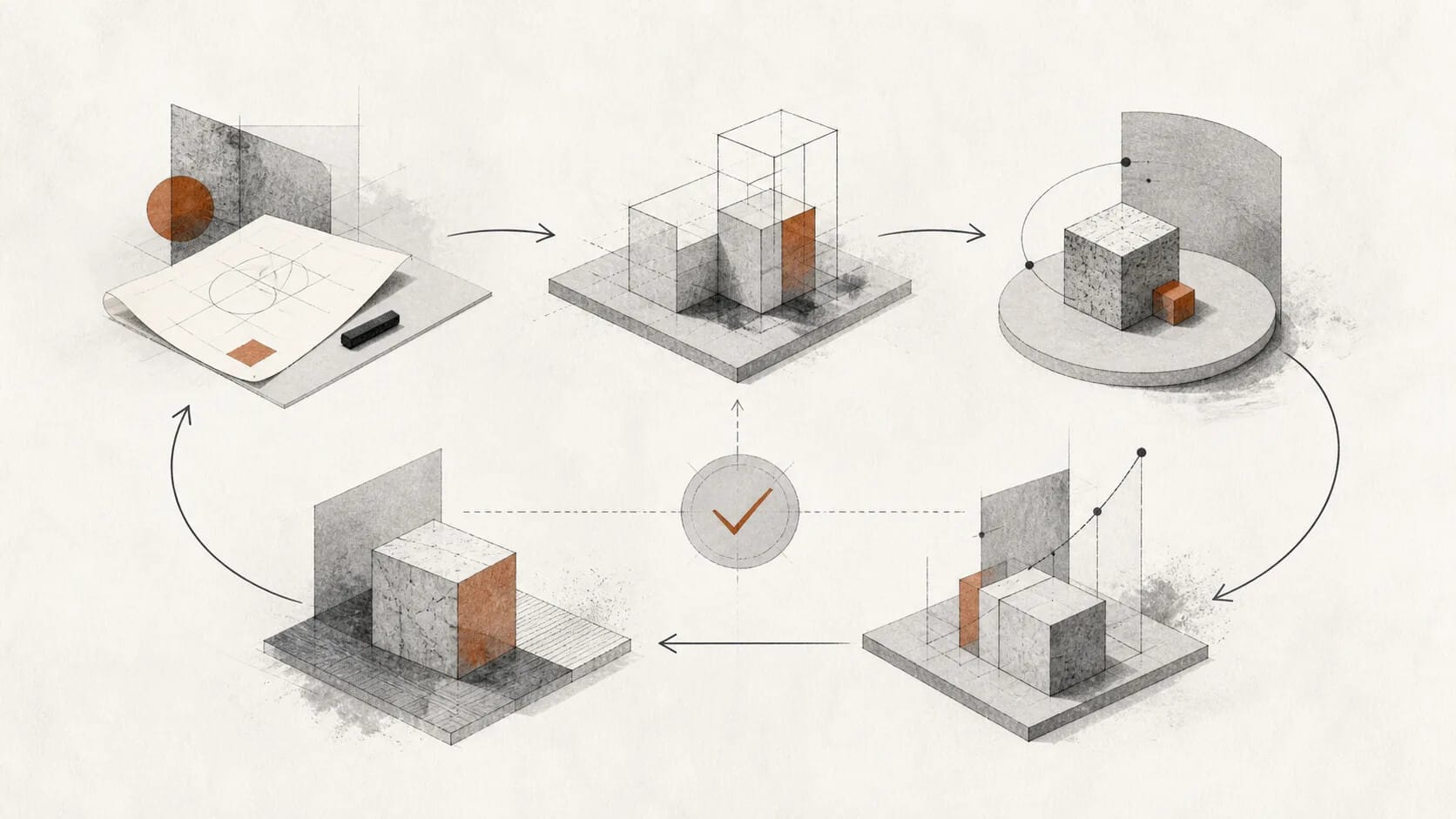 Conceptual five-stage practice loop with a visible judgement checkpoint.