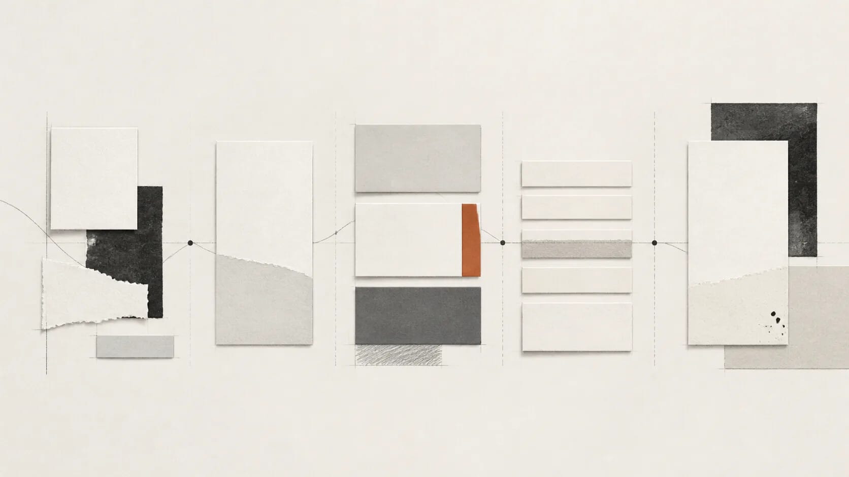 Conceptual editorial fragments arranged into a repeatable communication sequence.