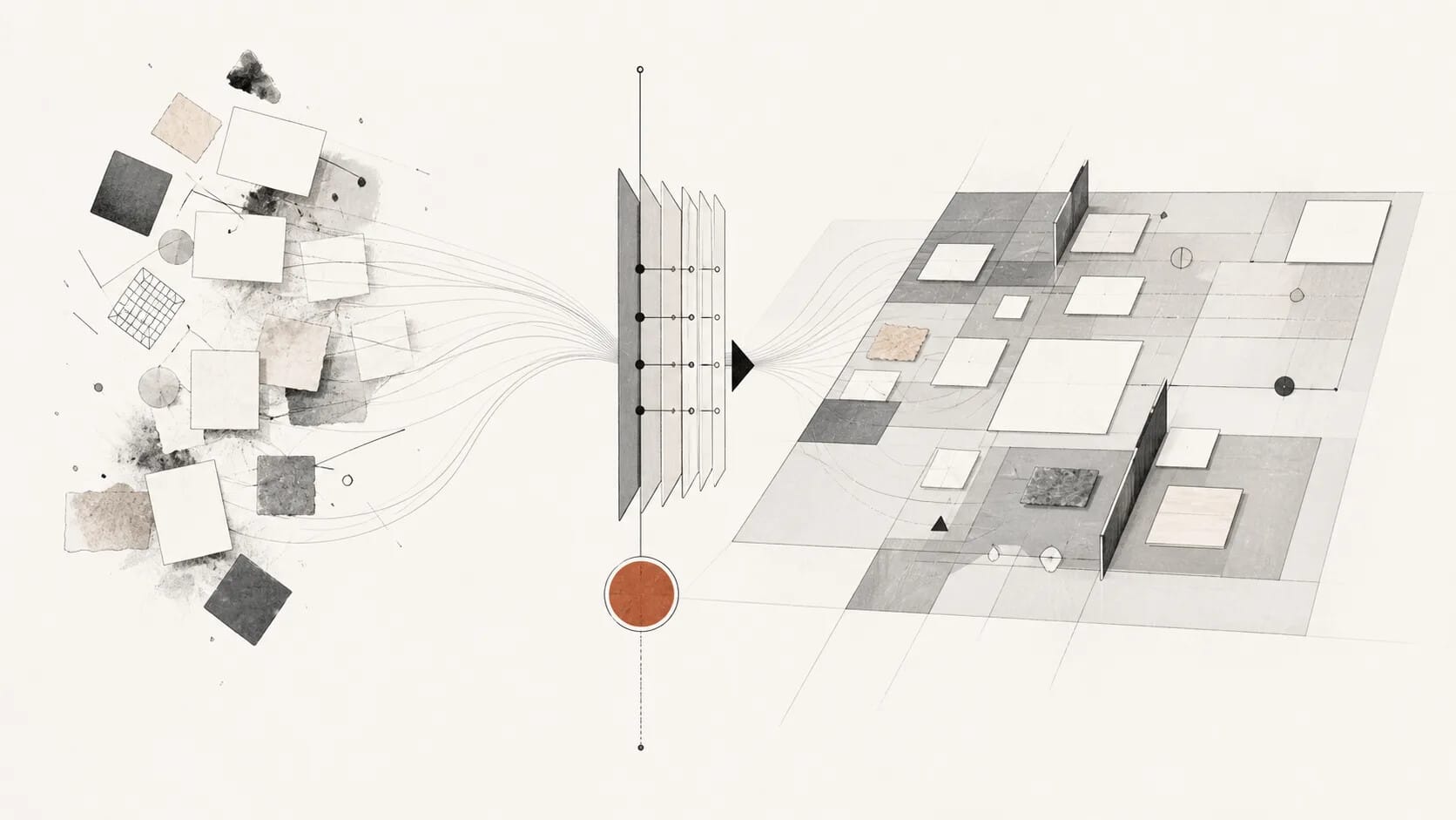 Conceptual source fragments becoming an organised, navigable knowledge field.