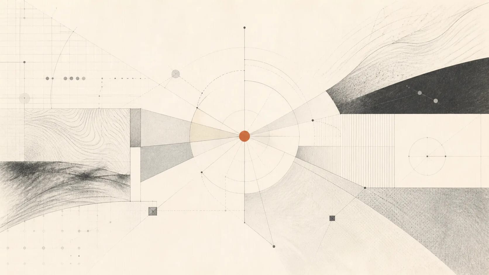 Conceptual fields of strategy, design and delivery converging on one clear decision point.