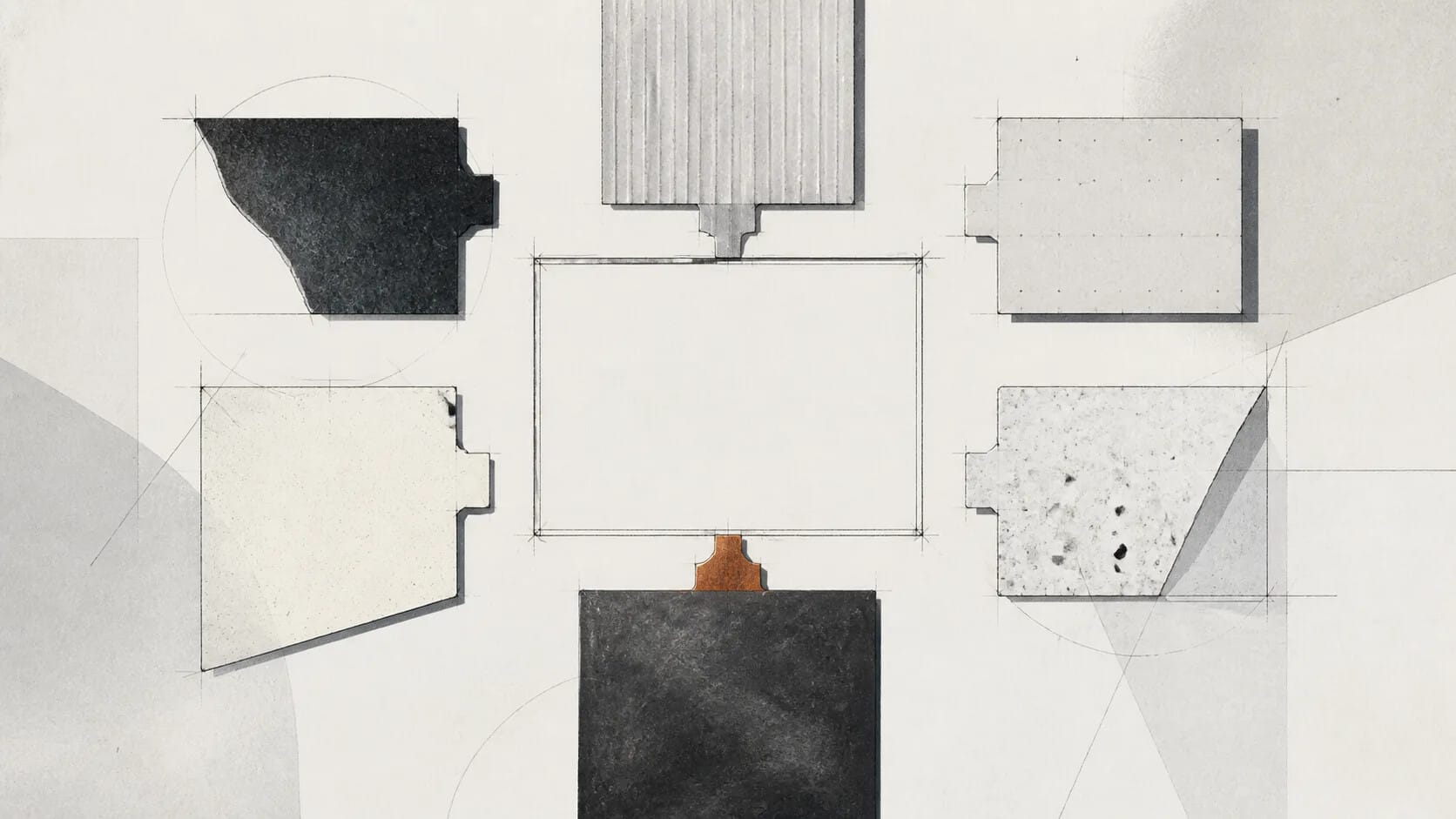 Conceptual creative modules joining a central brief frame.