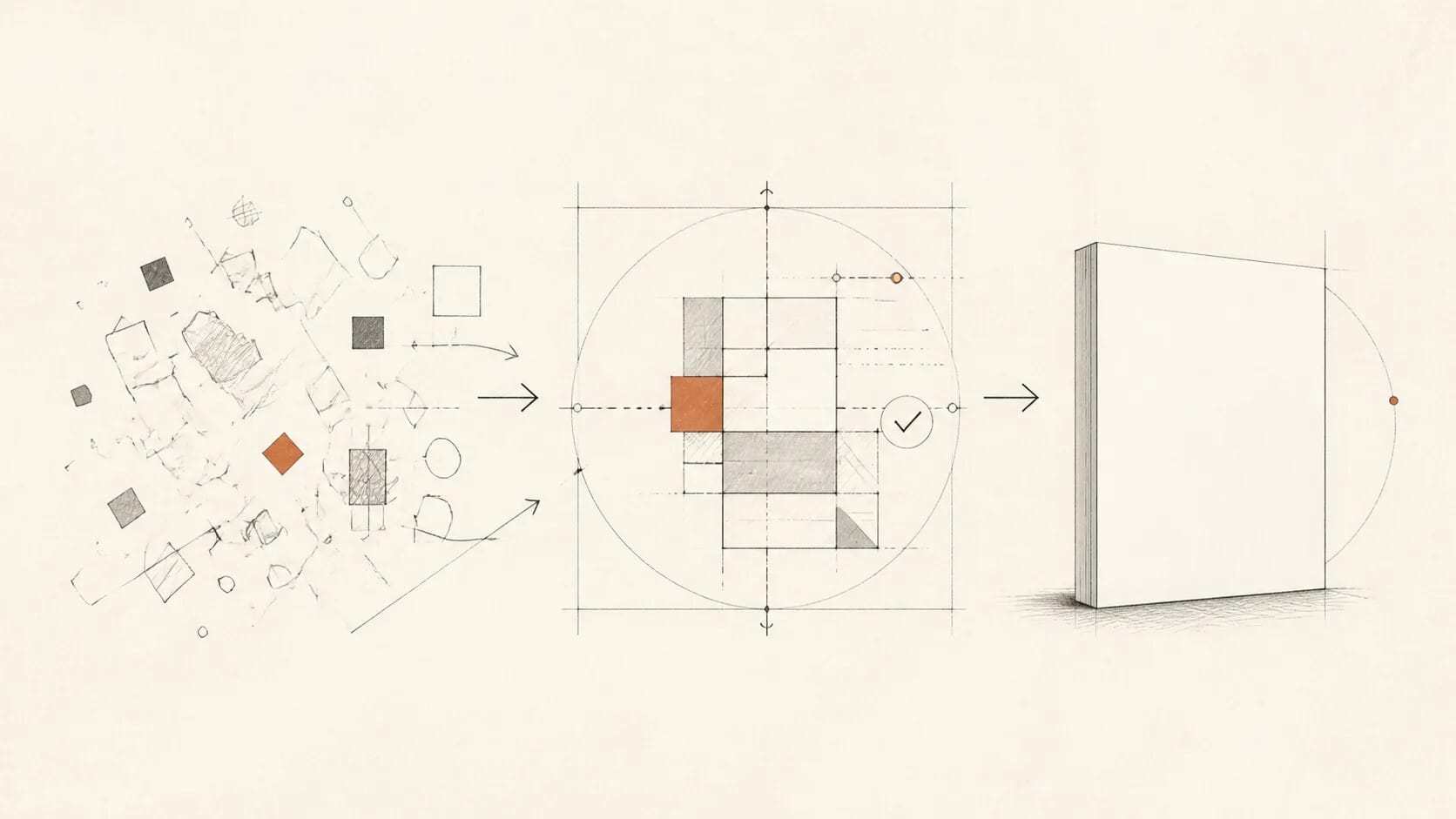 Conceptual fragments resolving into a visible, usable artefact.