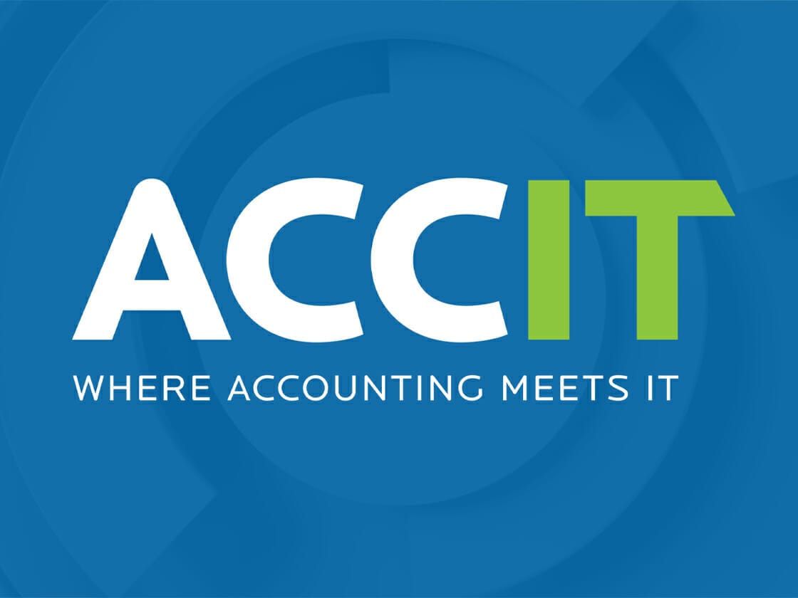Logo animation of "ACCIT" with the tagline "where accounting meets IT" against a blue background.