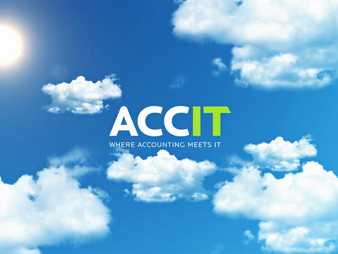 Cloudy blue sky with the text "ACCIT where accounting meets IT" displayed prominently, perfect for a logo reveal.