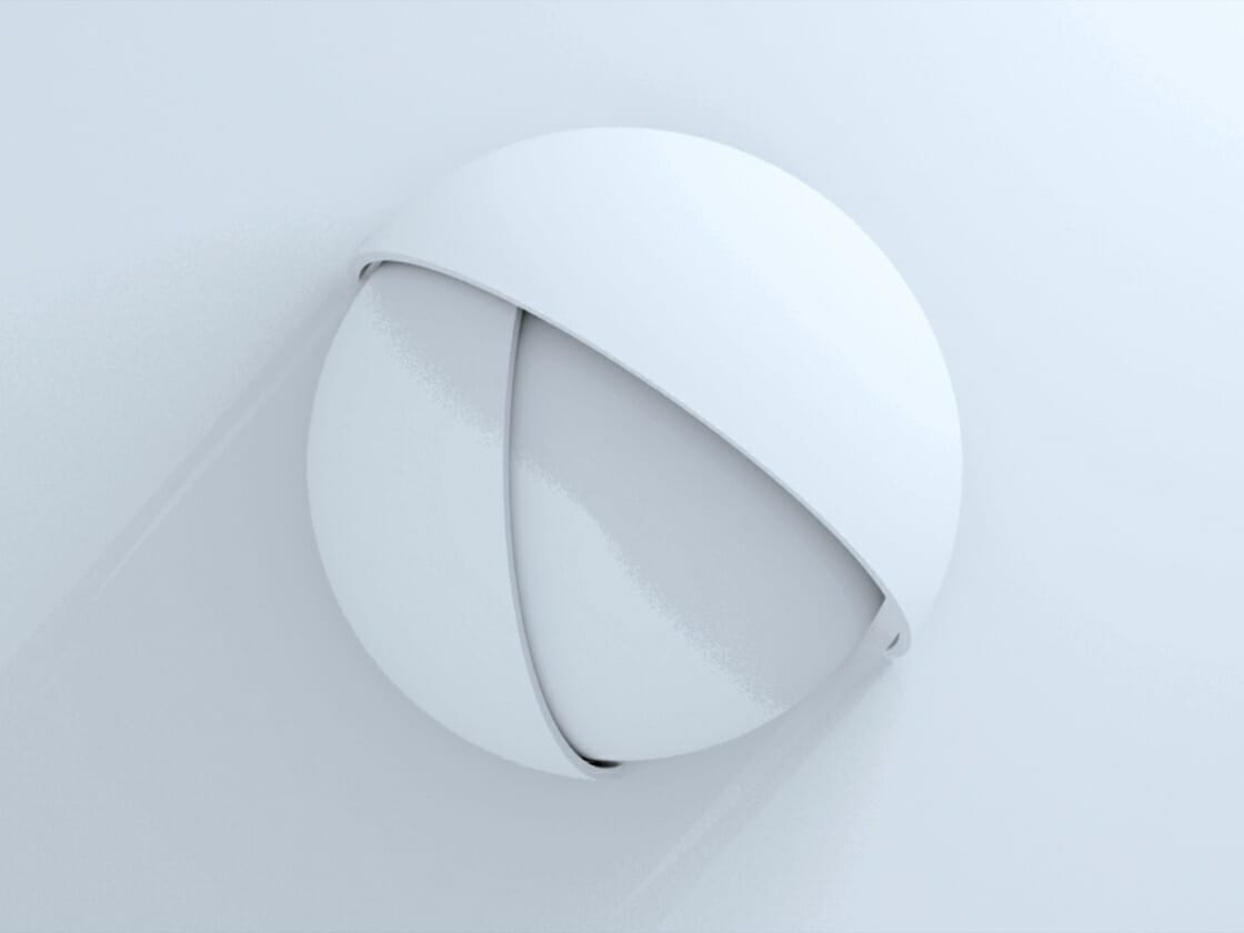 Modern circular wall sconce on a white wall, featuring ACCIT logos.