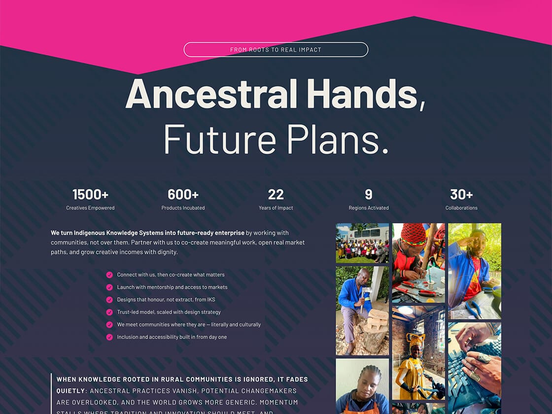 A promotional graphic for the Art Aid website titled "Ancestral Hands, Future Plans" shows stats on Indigenous Knowledge, with images of weaving, gardening, and community. It highlights 1500+ communities impacted and 30+ collaborators leading Indigenous change.
