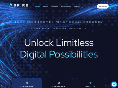 Screenshot of a website homepage for a company called Aspire. The site has a blue theme with a digital web-like background. The text on the page reads "Unlock Limitless Digital Possibilities" with three buttons below labeled "Strategize," "Transform," and "Digitize." The navigation menu includes options like Home, About, Process, Solutions, and Insights. There is also a "Get Started" button at the top right.