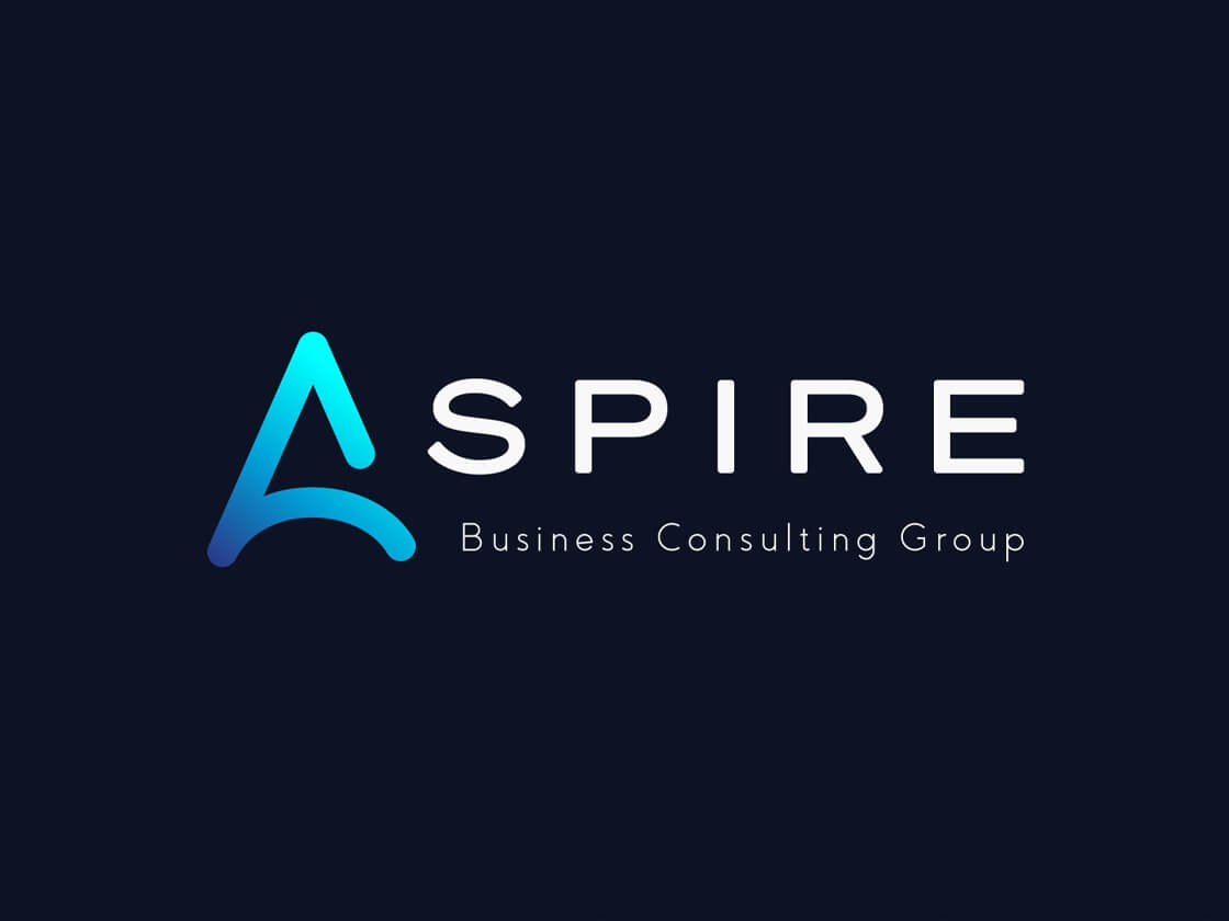 Logo for Aspire Business Consulting Group on a dark blue background. It features a stylized, gradient blue "A" followed by the word "ASPIRE" in uppercase, modern font. Below "ASPIRE," in smaller letters, are the words "Business Consulting Group.
