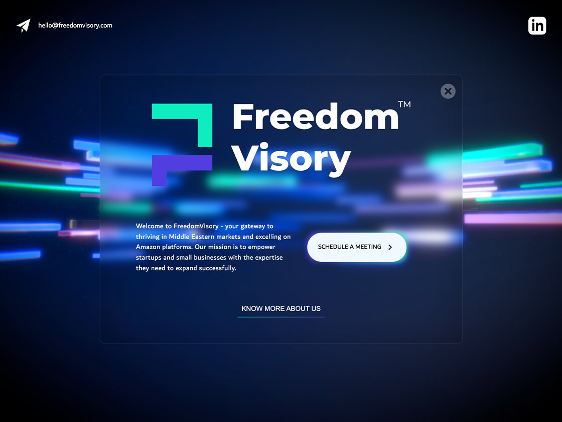 Promotional graphic for "freedom visory," a company offering expertise to startups and small businesses, with a contact email and links to social media.