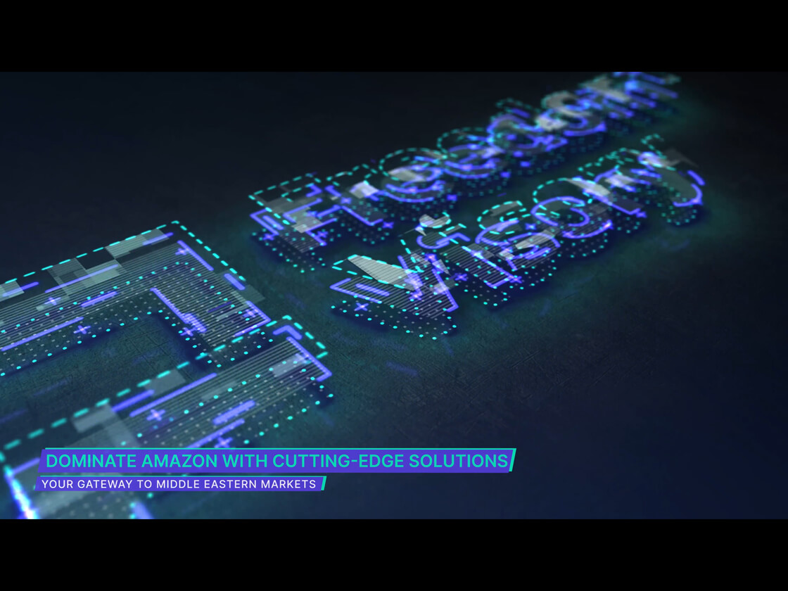 A digital image with futuristic text displaying "Freedom Agency." Below, a tagline reads "Dominate Amazon with cutting-edge solutions. Your gateway to Middle Eastern markets." The design features glowing blue and green elements with a tech-inspired aesthetic.