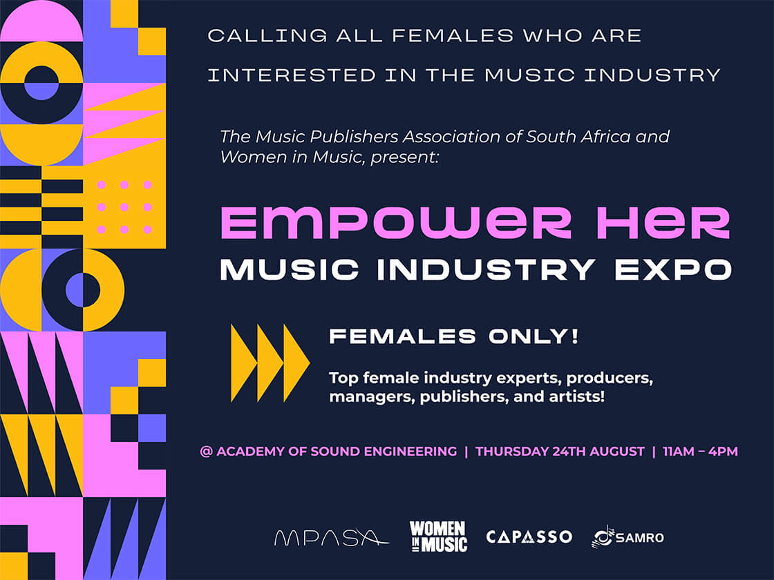 A promotional graphic for an event called "empower her music industry expo," targeting women in the music industry, scheduled for thursday, 24th august, from 11 am to 4 pm.