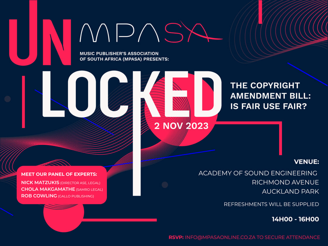 Promotional poster for a discussion event titled "Unlocked", organized by the Music Publishers Association of South Africa (MPA SA) on the Copyright Amendment Bill, taking place on 2 November 202