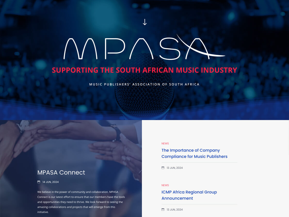 The image shows the homepage of the Music Publishers' Association of South Africa (MPA SA) website. Featuring the organization's name and tagline, "Supporting the South African Music Industry," over a blurred background resembling stage lights, it introduces sections titled "MPASA Connect" and "News.