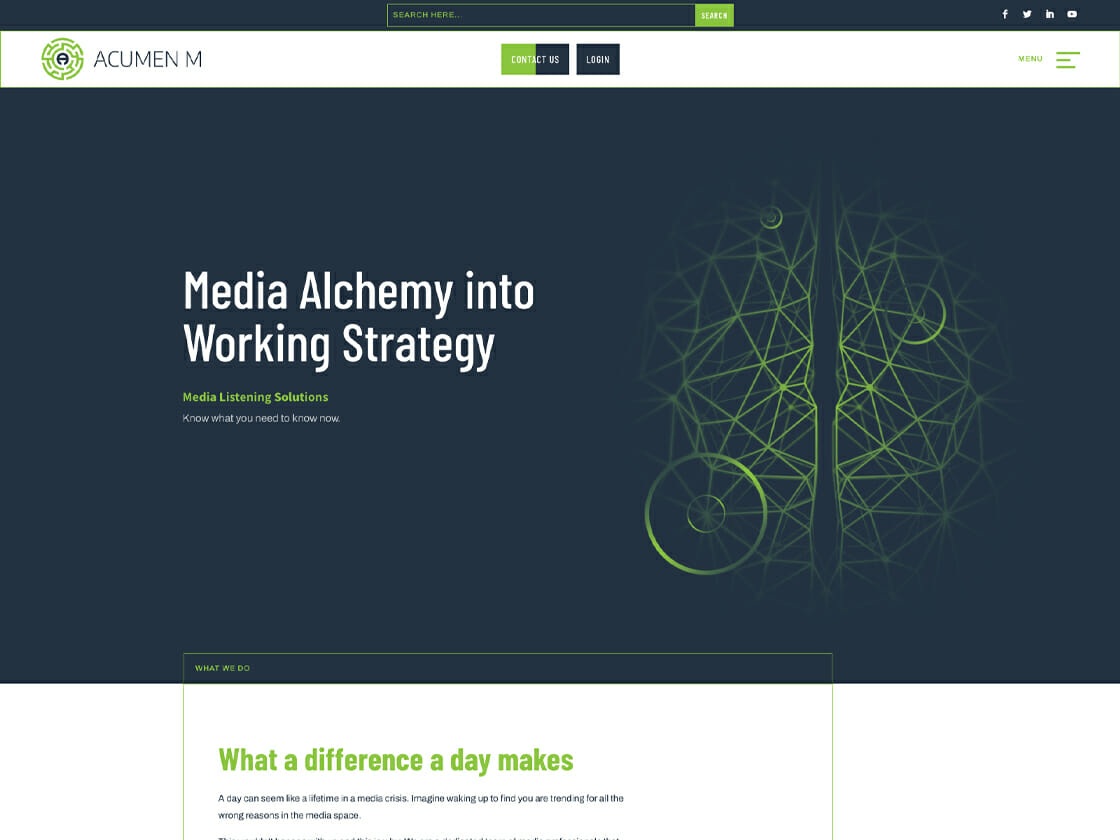 Website homepage for "acumen m" featuring the tagline "media strategy into working alchemy" with a prominent geometric design in the background.