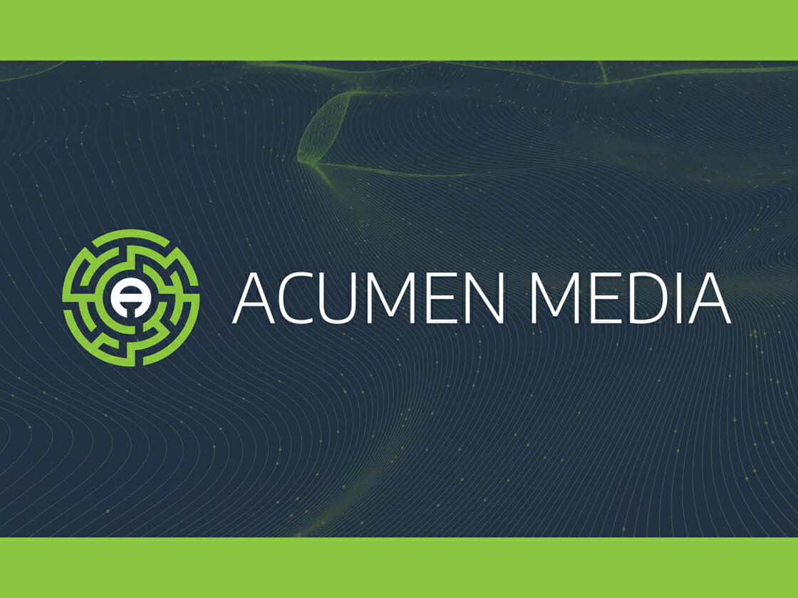 Logo animation of Acumen Media against a stylized blue background with wave patterns.