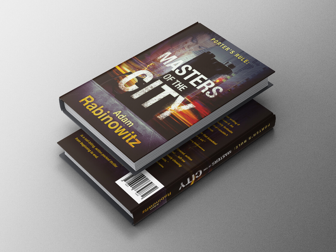 Two copies of a book titled “Masters of the City” by Adam Rabinowitz are shown, one face up and one face down. The cover features a city skyline at dusk with glowing lights and bold, white and yellow text. The spine and back cover are also visible.