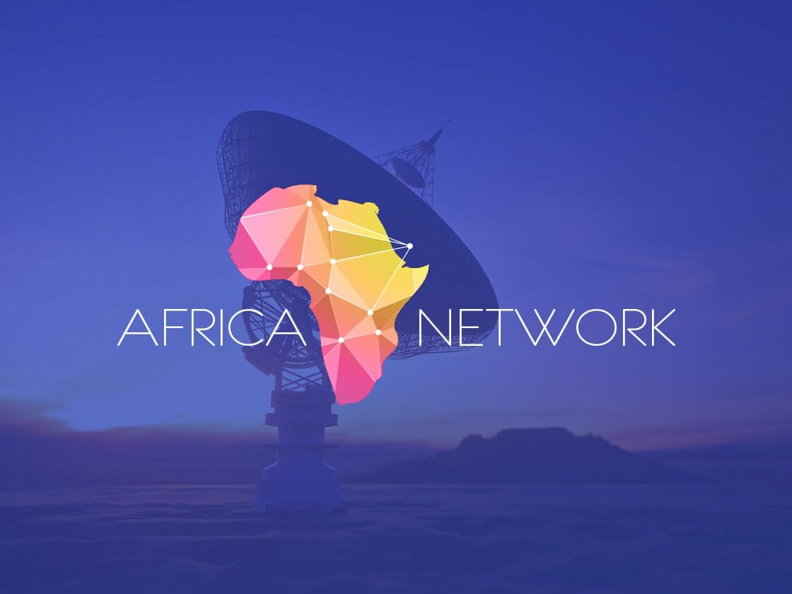 A silhouetted satellite dish at dusk serves as the background. In the foreground, an abstract map of Africa composed of colorful, interconnected polygons is central. The words "Africa Network" are written in white, with "Africa" on the left and "Network" on the right of the map.
