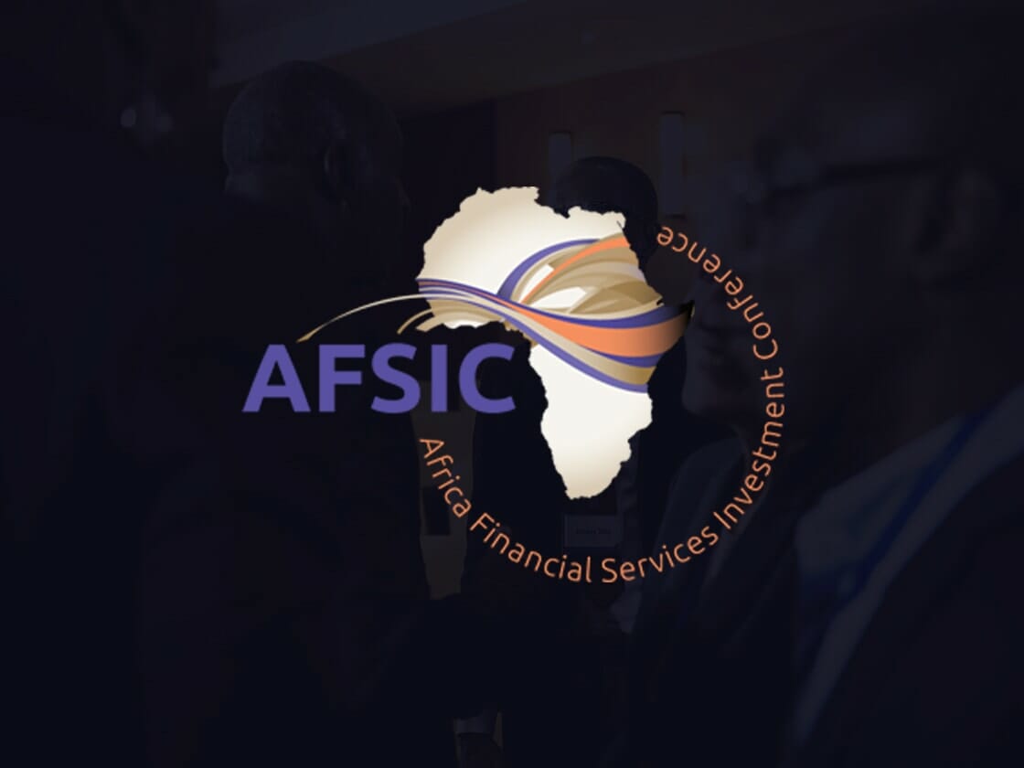Logo for AFSIC (Africa Financial Services Investment Conference) against a background featuring silhouettes of people. The logo incorporates the outline of the African continent with stylized, colorful ribbons crossing it. The event name circles the continent graphic.