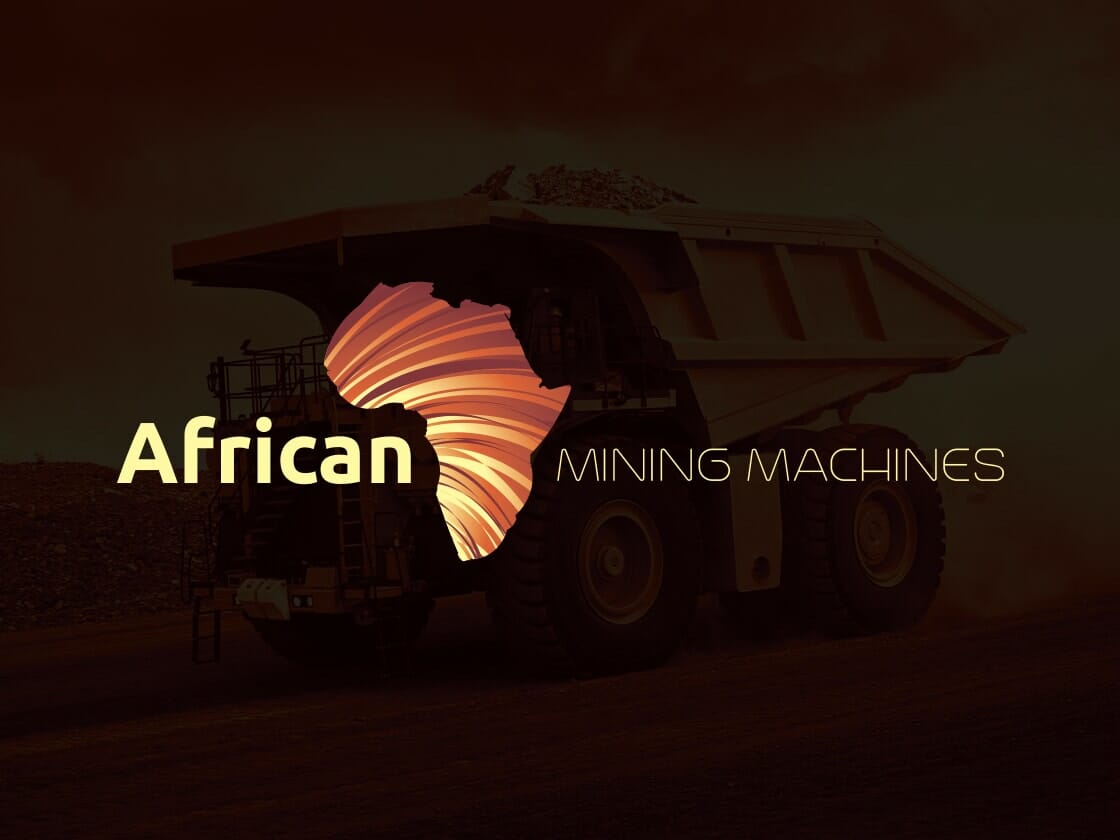 Dark-themed image showcasing a large mining truck under a reddish sky. The text "African MINING MACHINES" is prominently displayed. The word "African" is written in white, accompanied by a stylized map of Africa with radiating lines, symbolizing energy and industry.