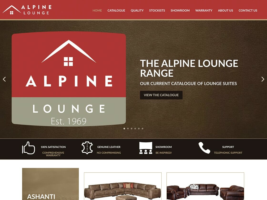 Screenshot of the Alpine Lounge website showing its home page. The top section features the logo and menu bar with options: Home, Catalogue, Quality, Stockists, Showroom, Warranty, and About Us. Below, a banner promotes "The Alpine Lounge Range" and the catalogue for African Mining Machines. Product images are visible at the bottom.