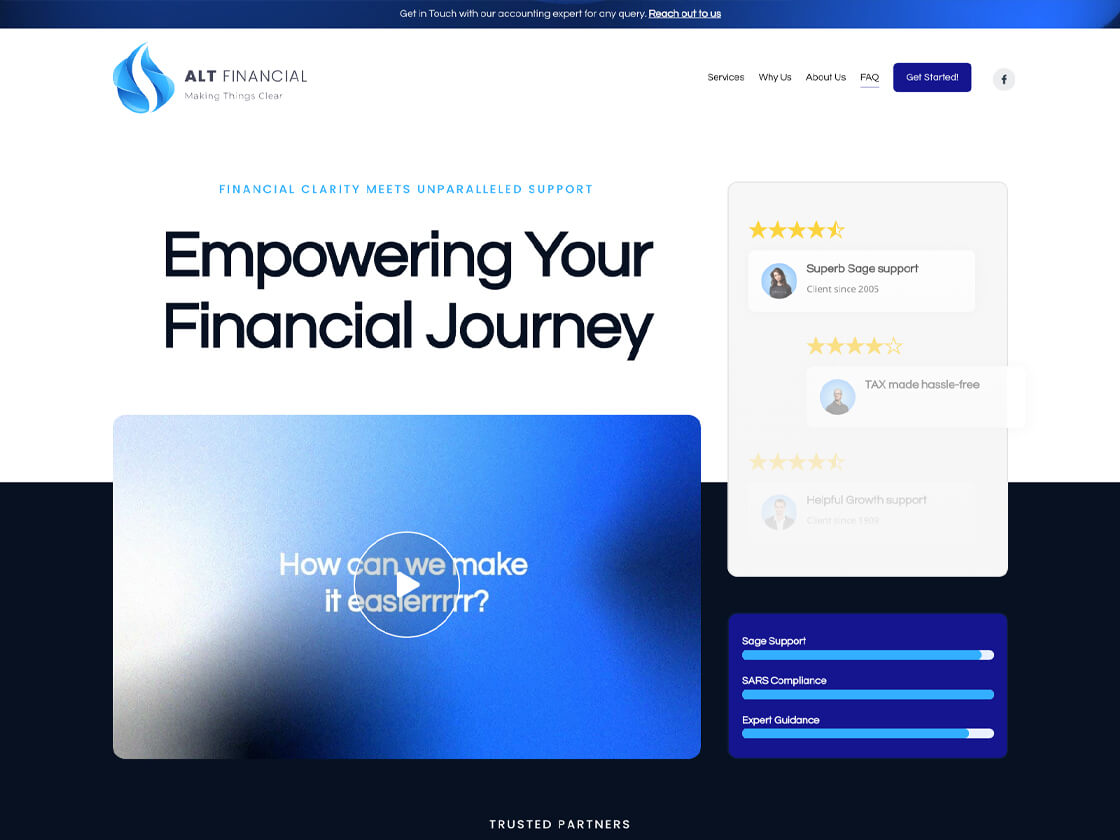Website homepage for "alt financial," showcasing customer support testimonials with a call-to-action for financial journey assistance.