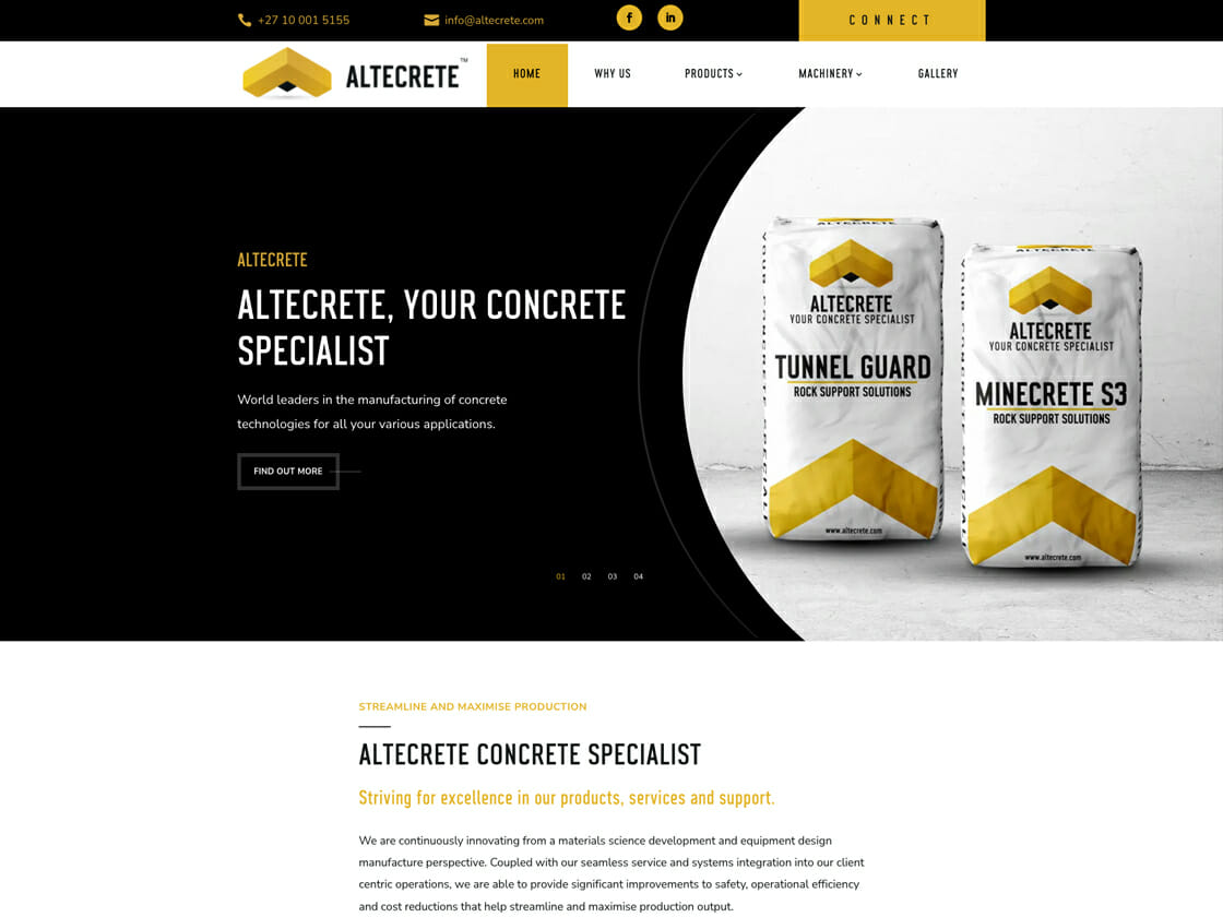 Website homepage for alcrete, showcasing their specialized concrete technologies with product packaging visible.